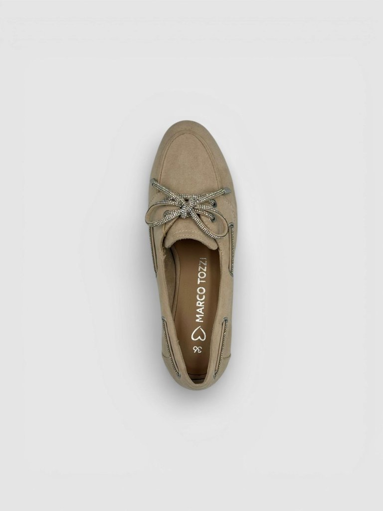 Mocasini Marco Tozzi Bej cu Detaliu Strălucitor și Șireturi cu Strasuri